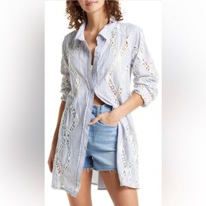Free People Maldives Stripe Lace Inset Cotton Tunic Blouse - NWOT